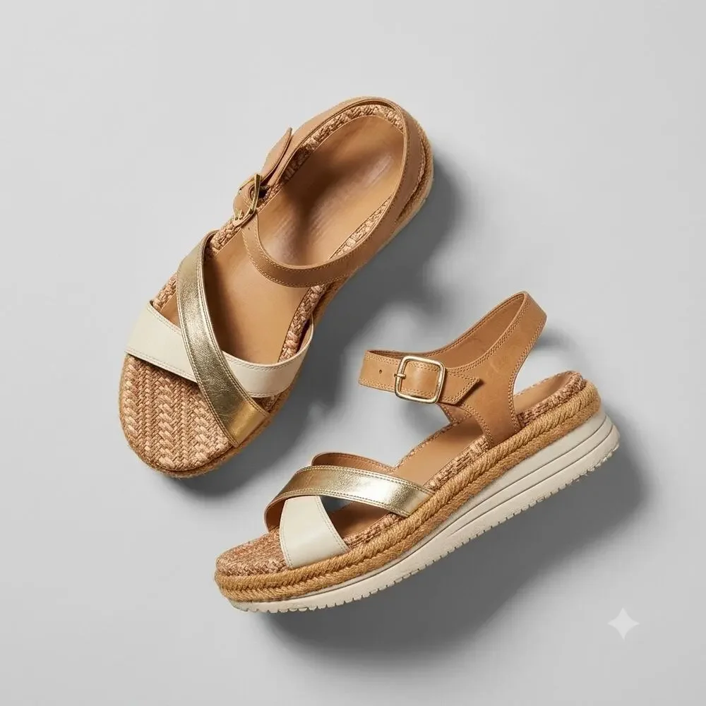 Vionic Leather Woven Espadrille Platform Sandal Gold Tan Ankle Strap Womens 6.5